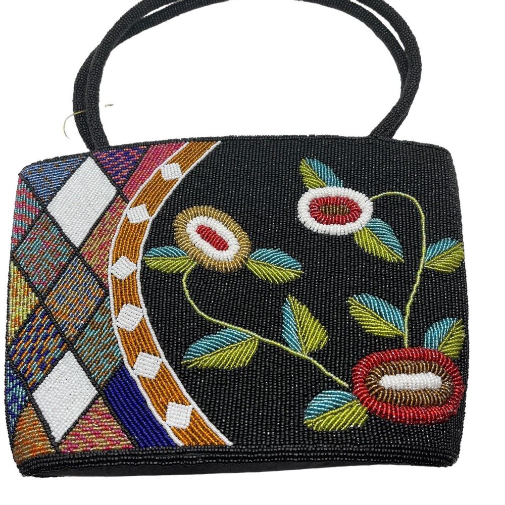 Beaded Purse Satchel Handbag Vintage Floral New with Tags Black Multicolor Retro